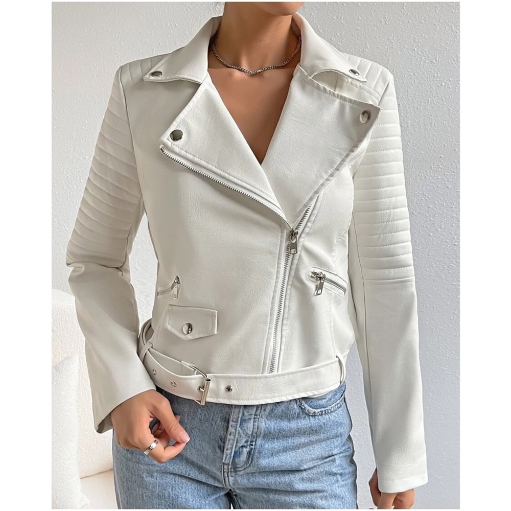 Luxe Vegan Leather Moto Biker Zipper Jacket - Picture 5 of 8